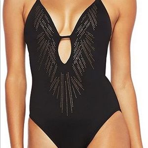 Kenneth Cole Halter Plunge One Piece Suit (Plus)